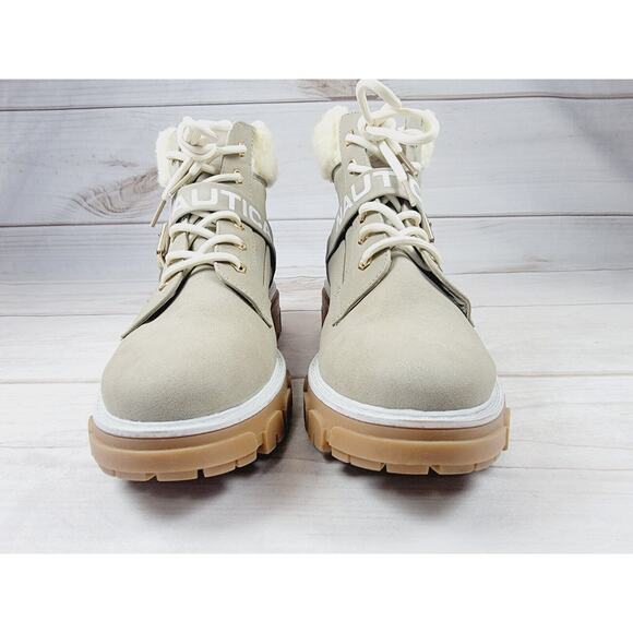 Womens Nautica Evona Ankle Hiker Boots Lace Up Beige Taupe Faux Suede Sz 7.5 - Picture 2 of 16